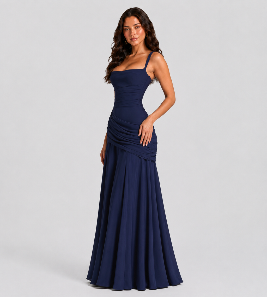 Square Neck Draped Corset Maxi Dress - Navy