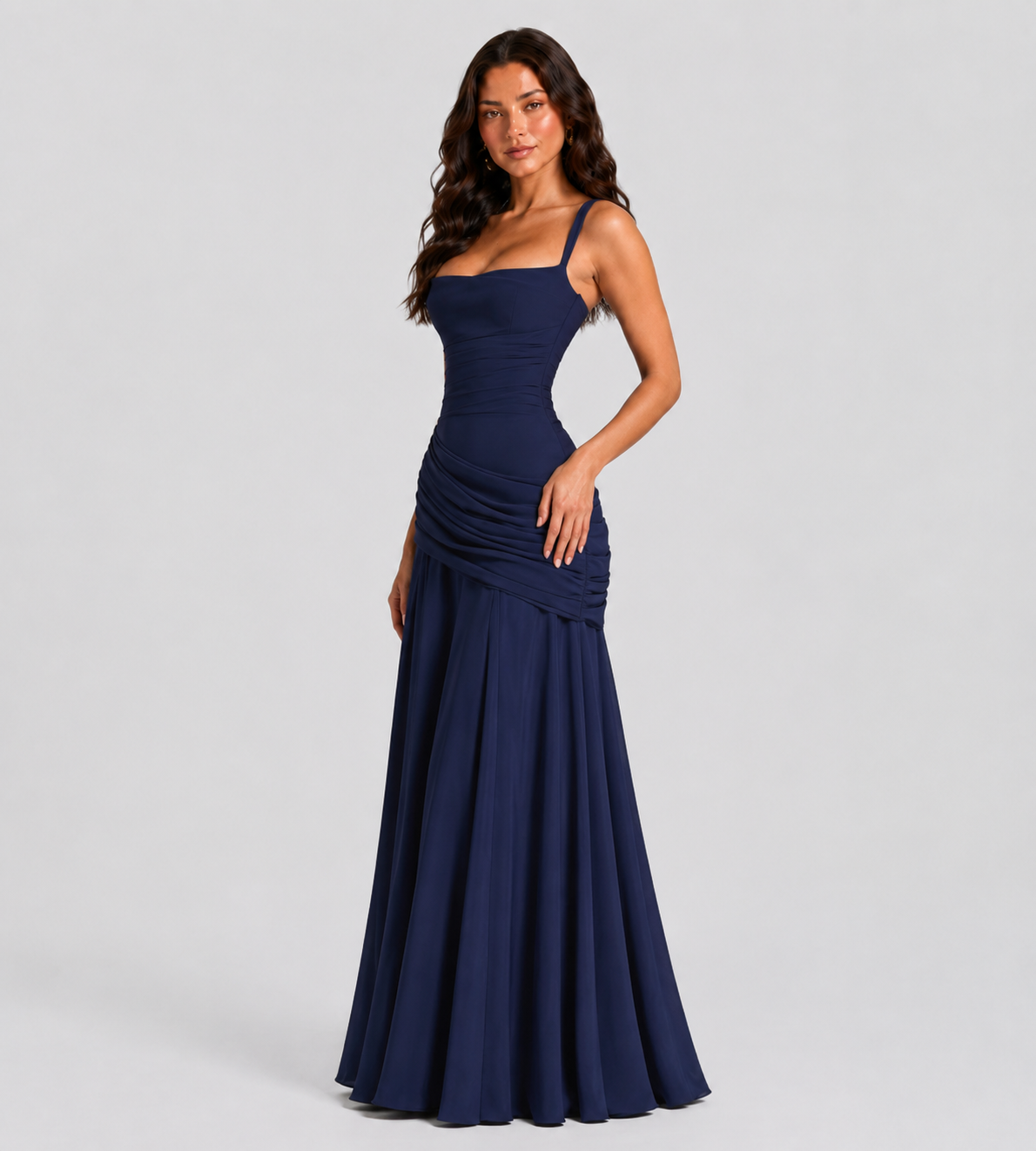 Square Neck Draped Corset Maxi Dress - Navy
