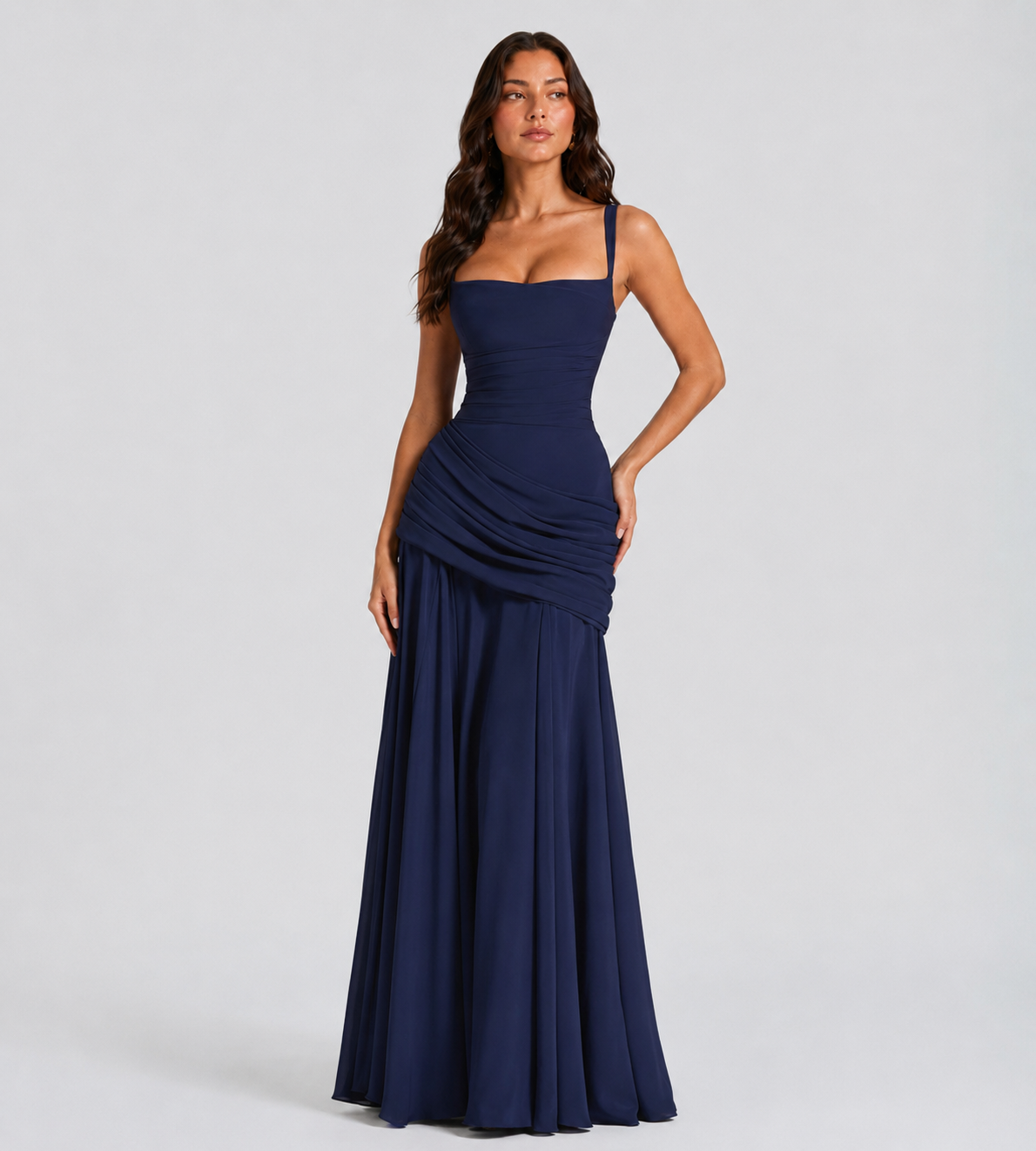 Square Neck Draped Corset Maxi Dress - Navy