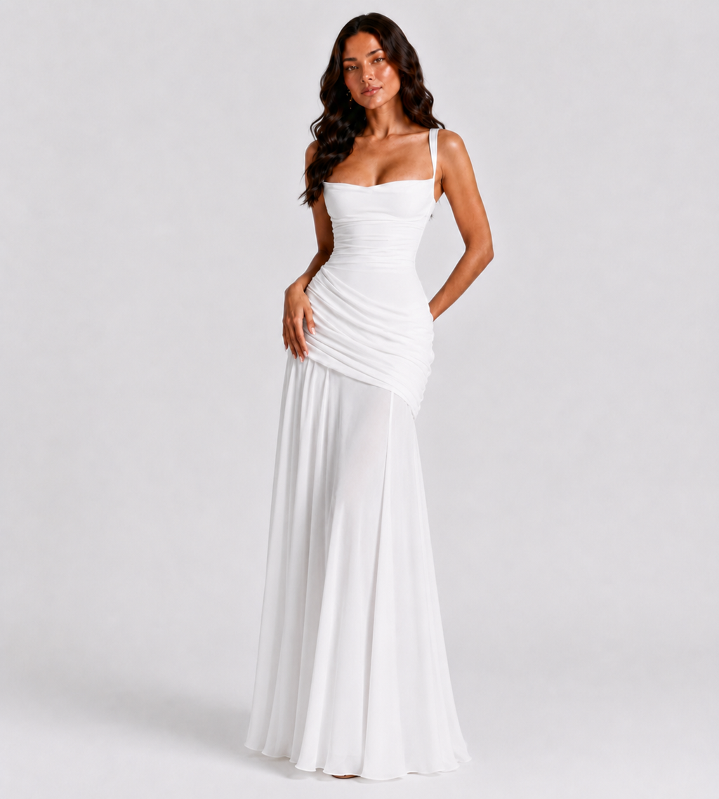 Square Neck Draped Corset Maxi Dress - White