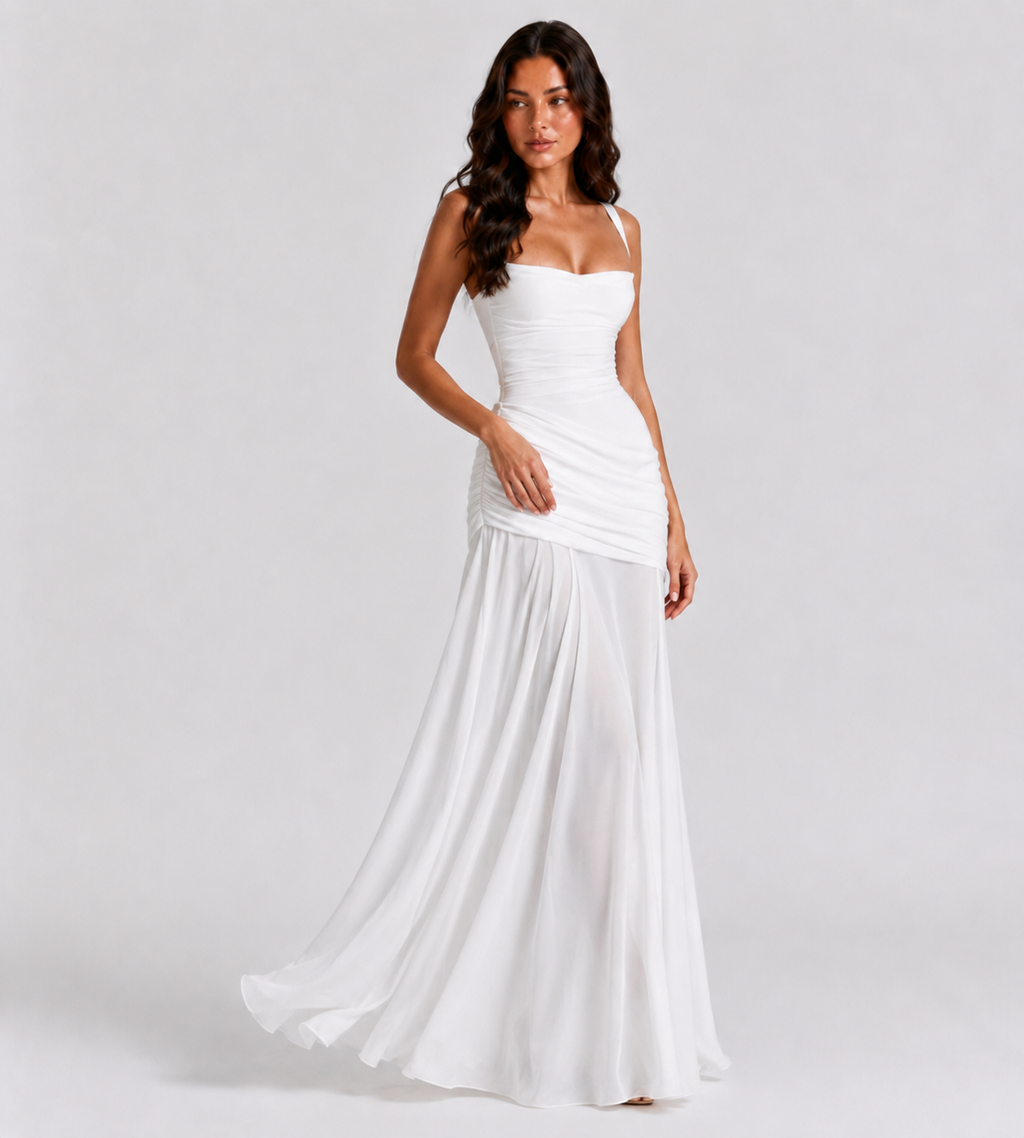 Square Neck Draped Corset Maxi Dress - White
