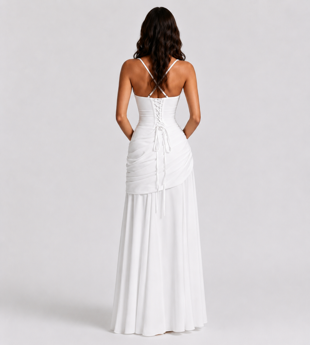 Square Neck Draped Corset Maxi Dress - White