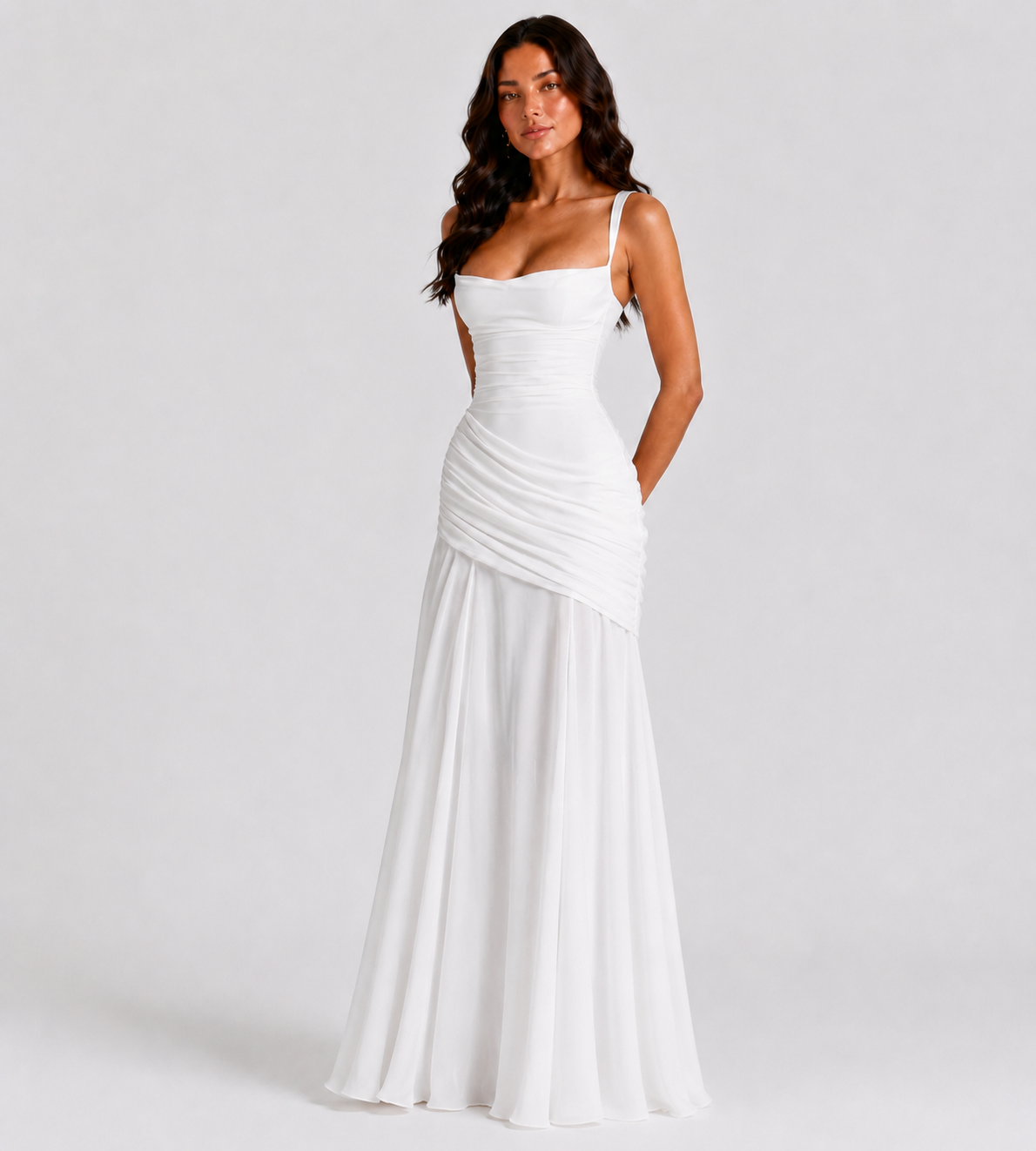 Square Neck Draped Corset Maxi Dress - White