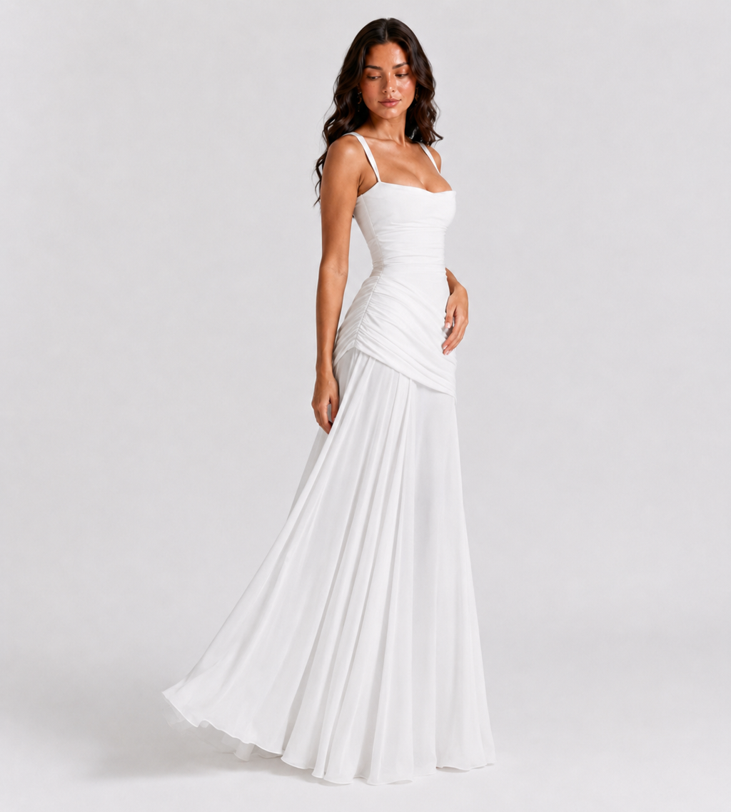 Square Neck Draped Corset Maxi Dress - White