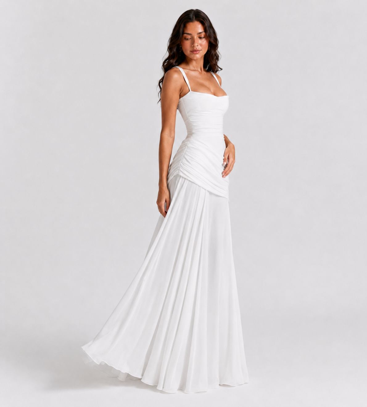 Square Neck Draped Corset Maxi Dress - White