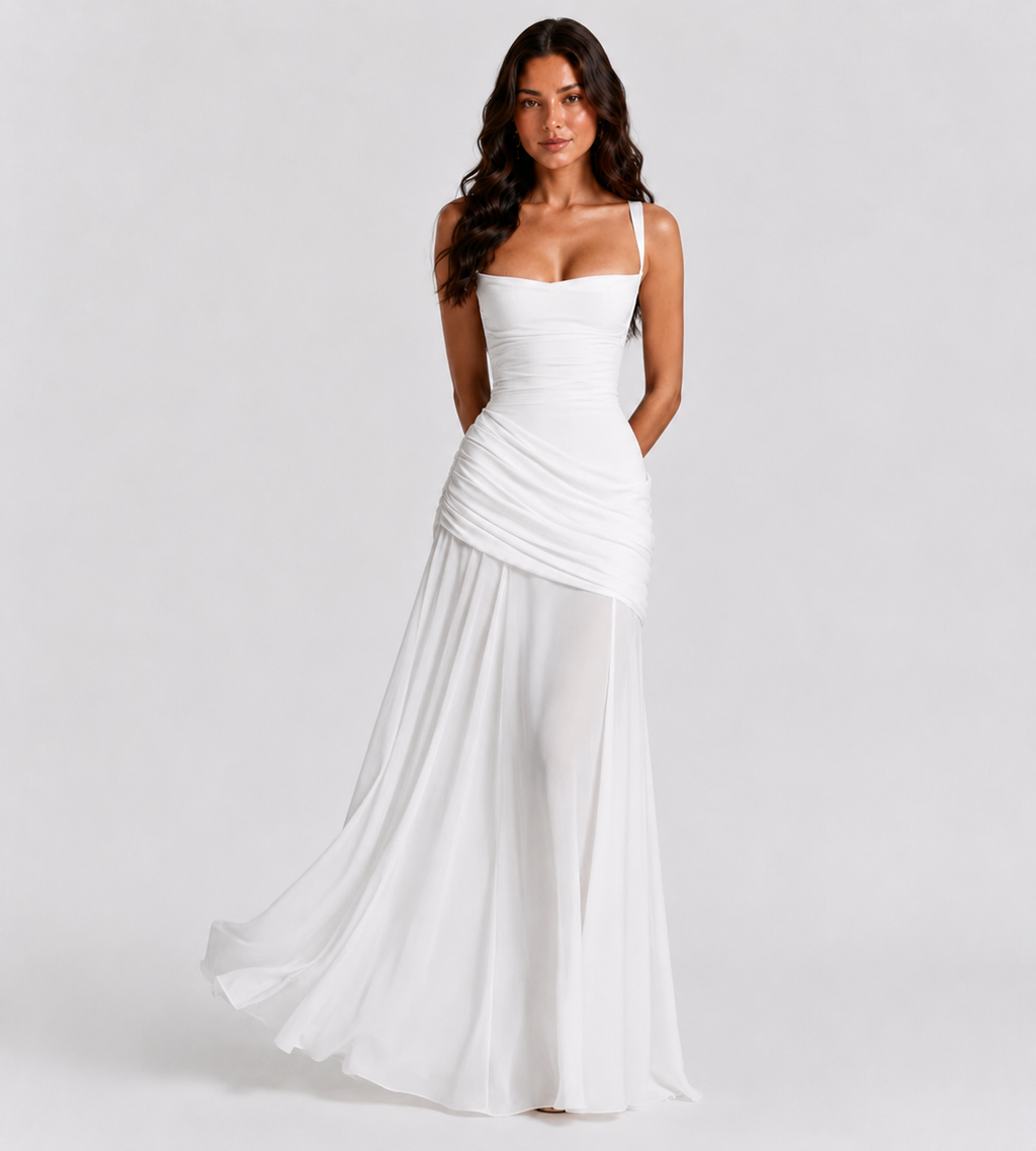Square Neck Draped Corset Maxi Dress - White