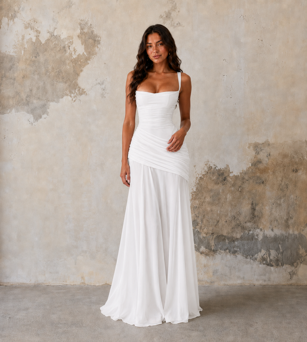 Square Neck Draped Corset Maxi Dress - White