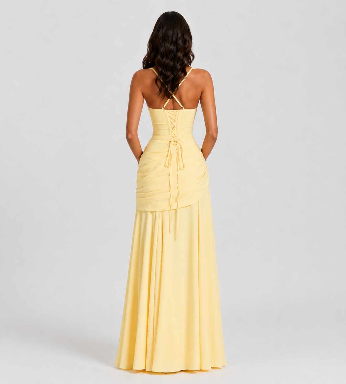 Square Neck Draped Corset Maxi Dress - Lemon