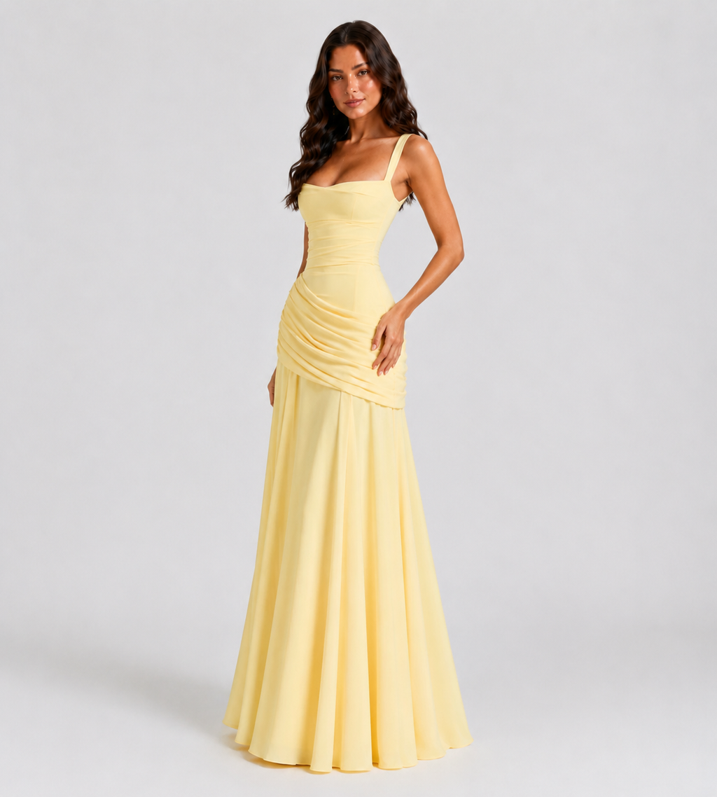 Square Neck Draped Corset Maxi Dress - Lemon