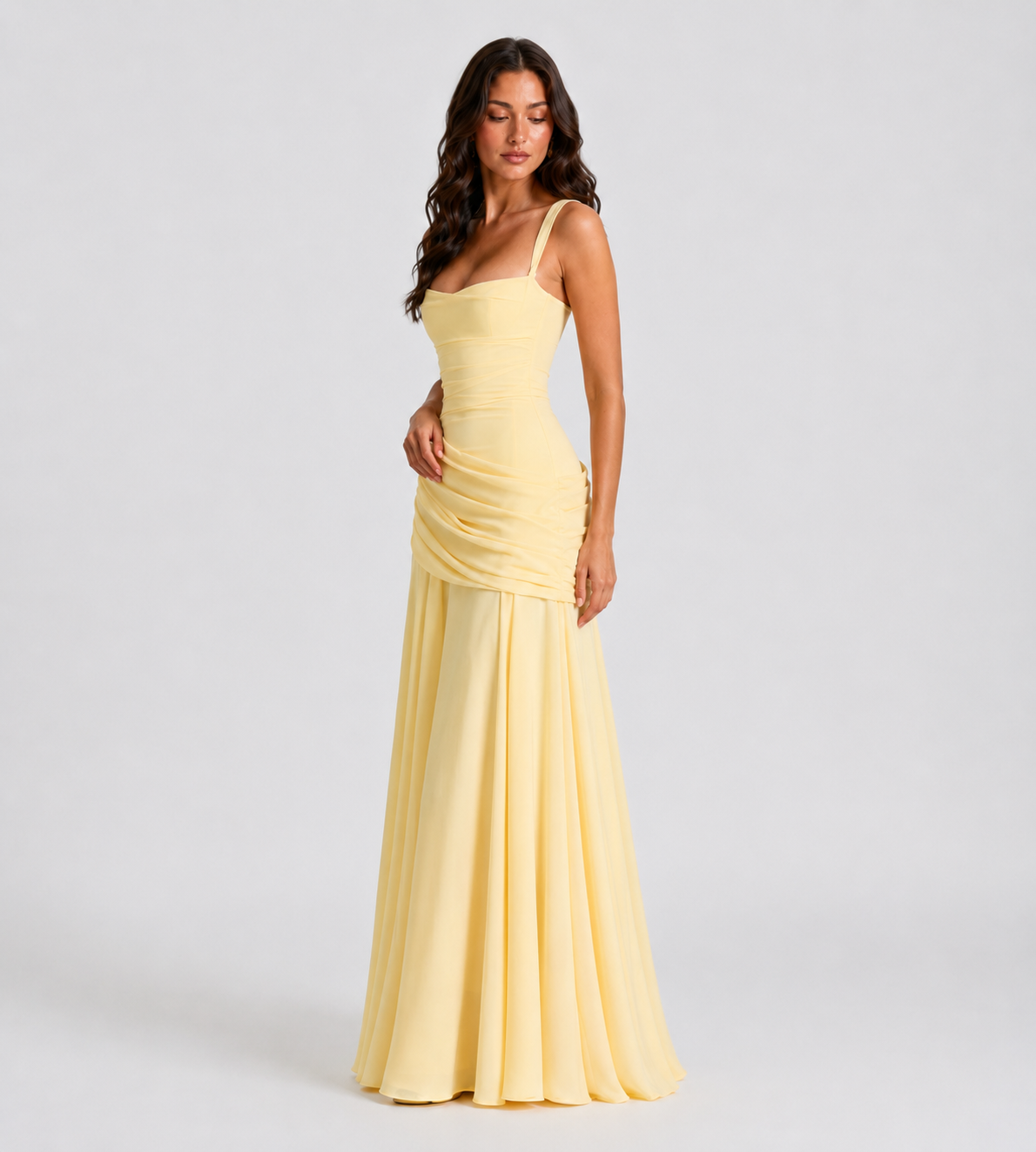 Square Neck Draped Corset Maxi Dress - Lemon