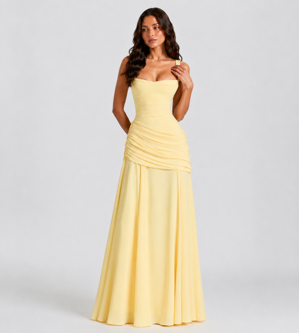 Square Neck Draped Corset Maxi Dress - Lemon