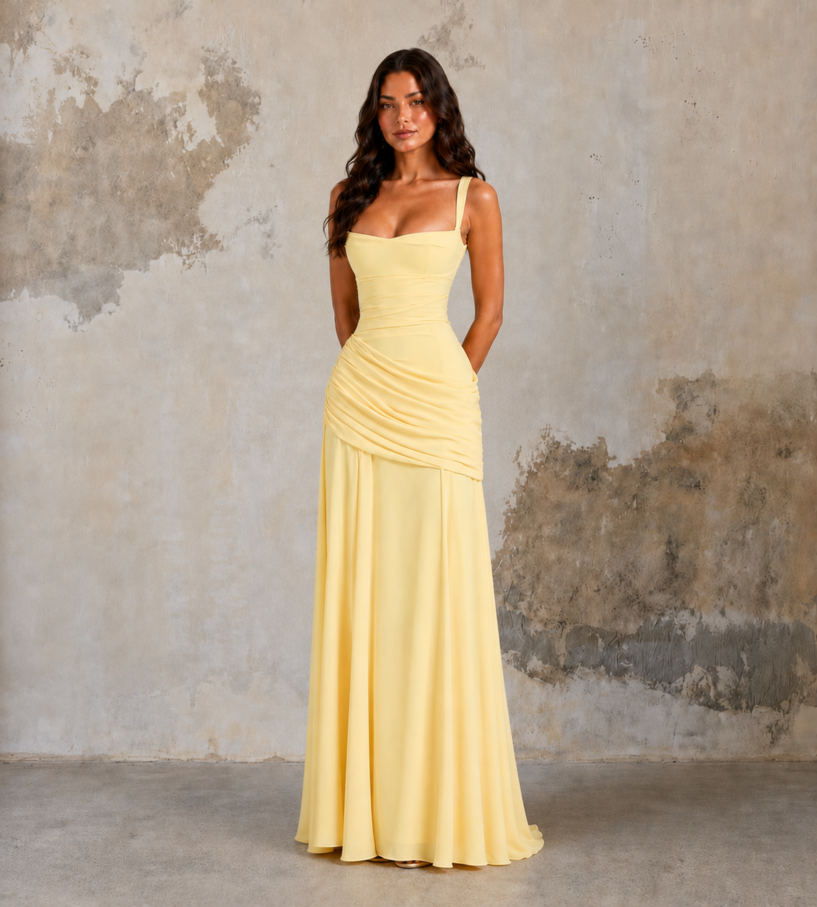 Square Neck Draped Corset Maxi Dress - Lemon