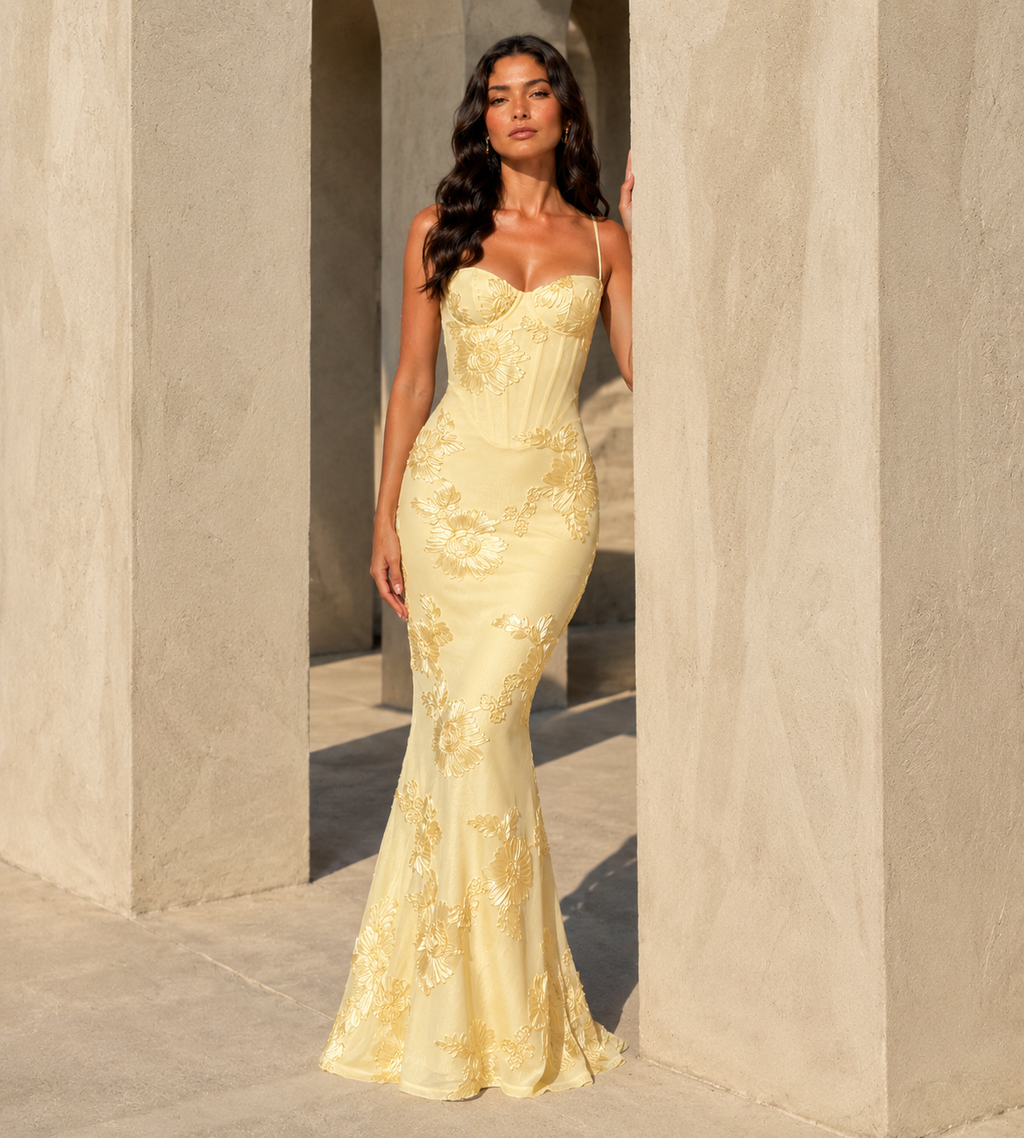Floral Appliqué Corset Maxi Dress - Lemon