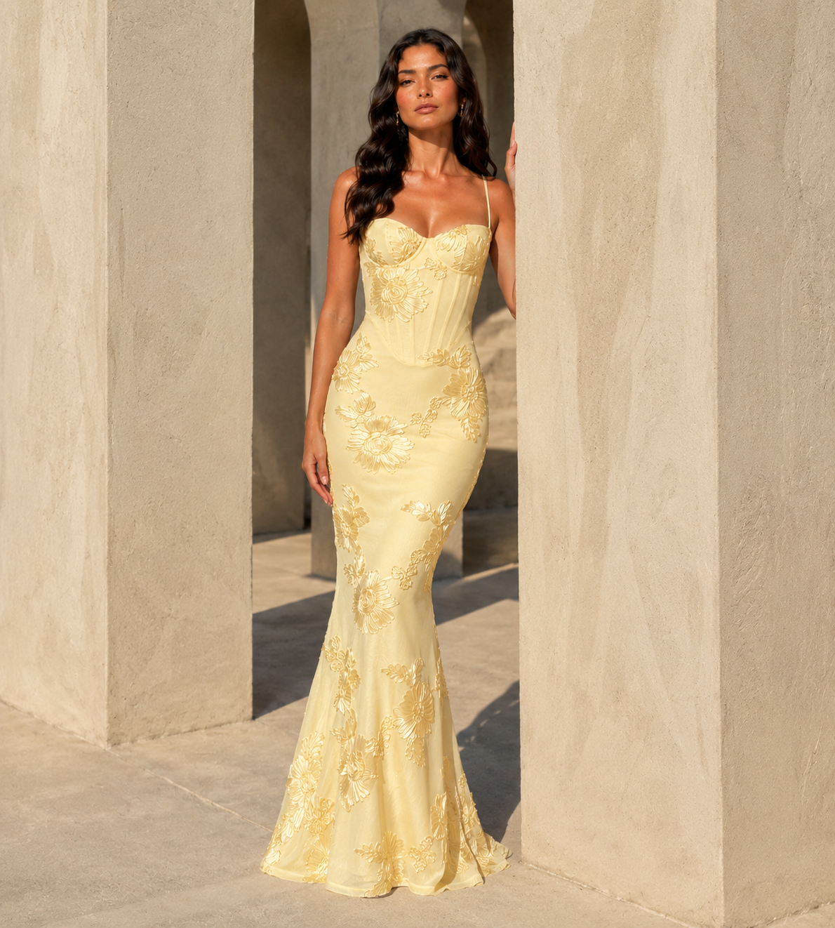 Floral Appliqué Corset Maxi Dress - Lemon
