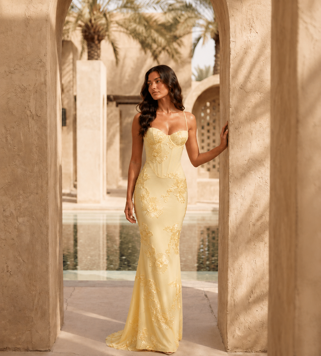 Floral Appliqué Corset Maxi Dress - Lemon