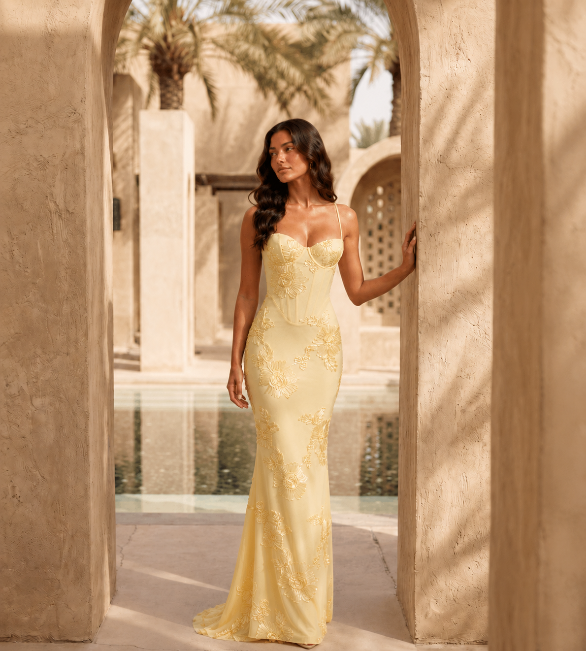 Floral Appliqué Corset Maxi Dress - Lemon