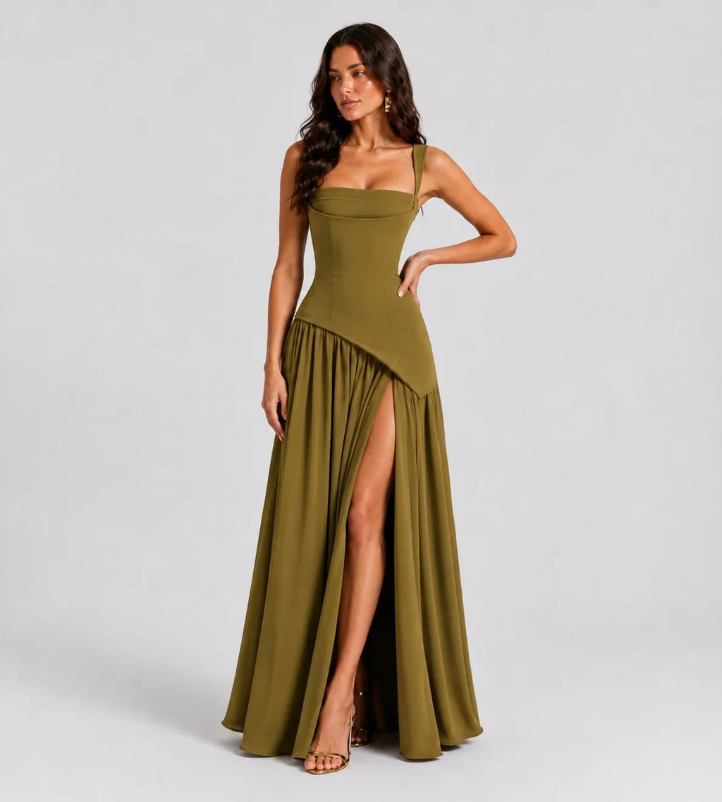 Draped Slit Maxi Dress - Olive Green