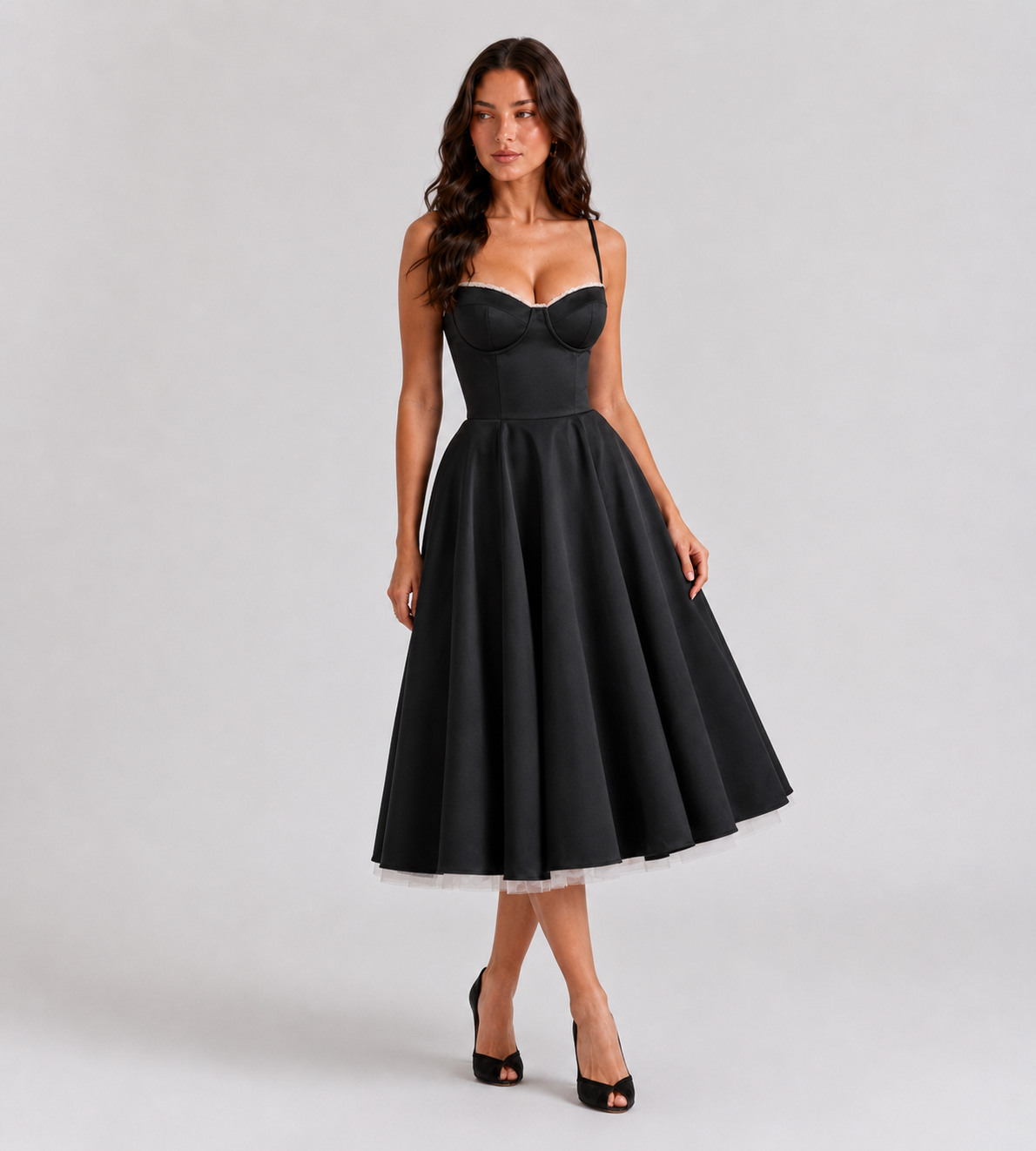 Corset Tulle Midi Dress with Pockets - Black