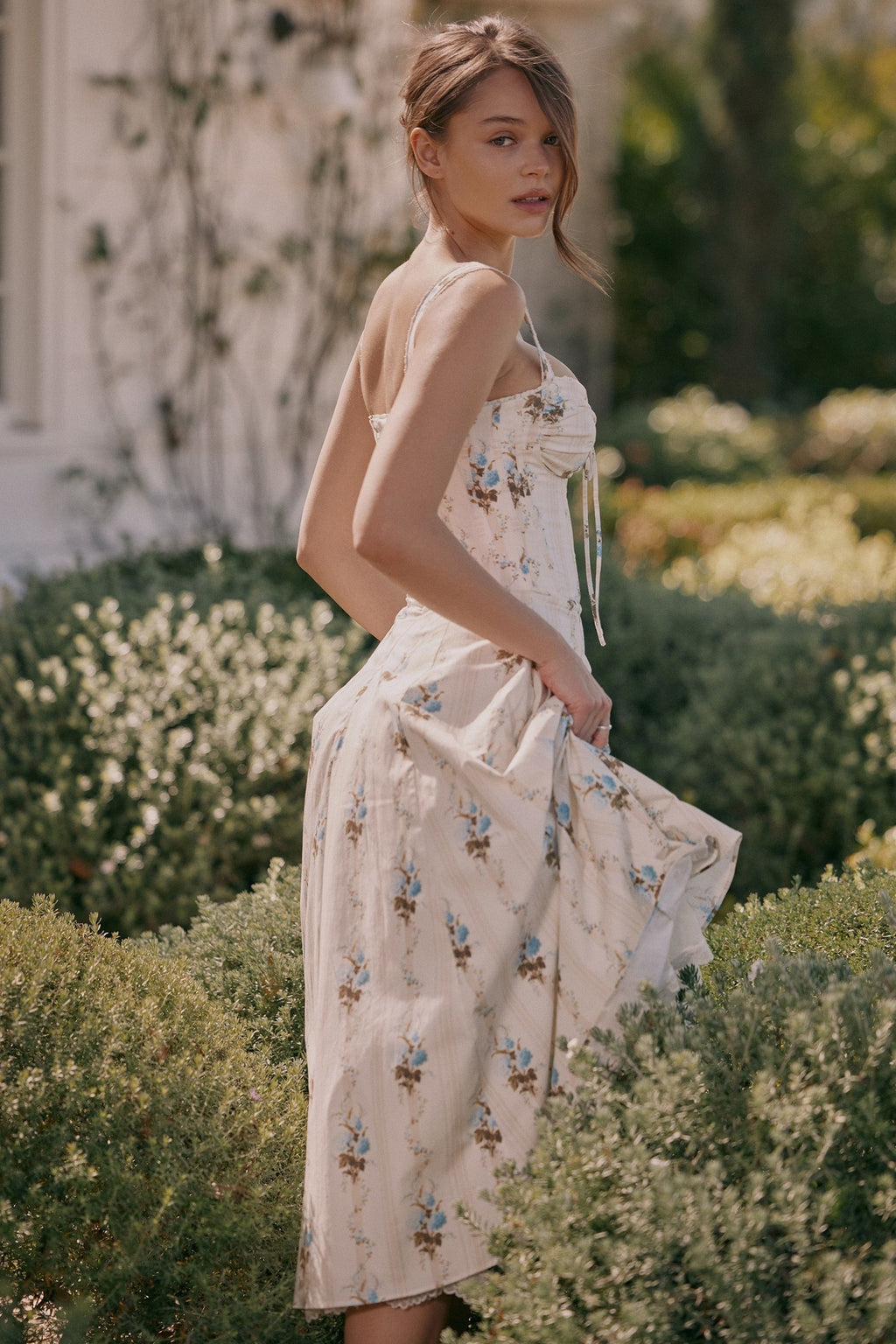 Cream Floral Print Corset Midi Dress