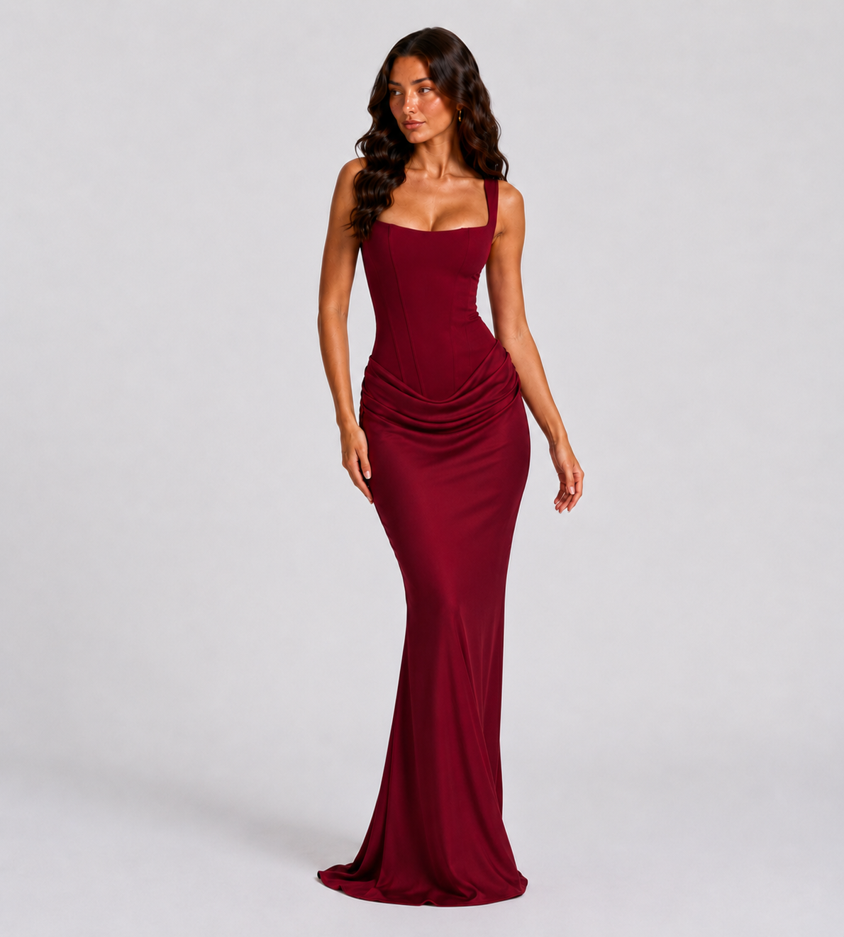 Cowl Drape Corset Maxi Dress - Red