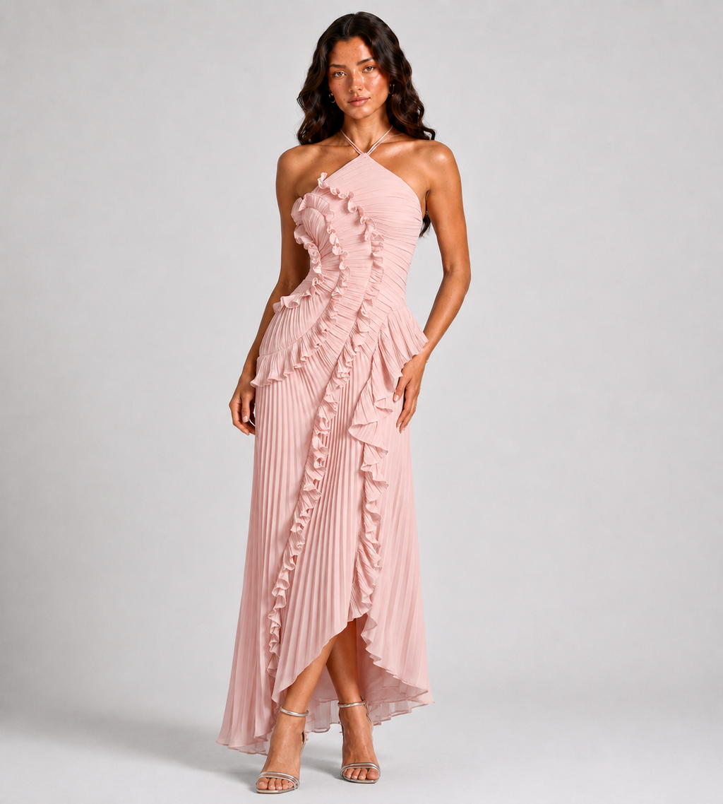 Cascading Ruffle Pleated Halter Maxi Dress - Pink