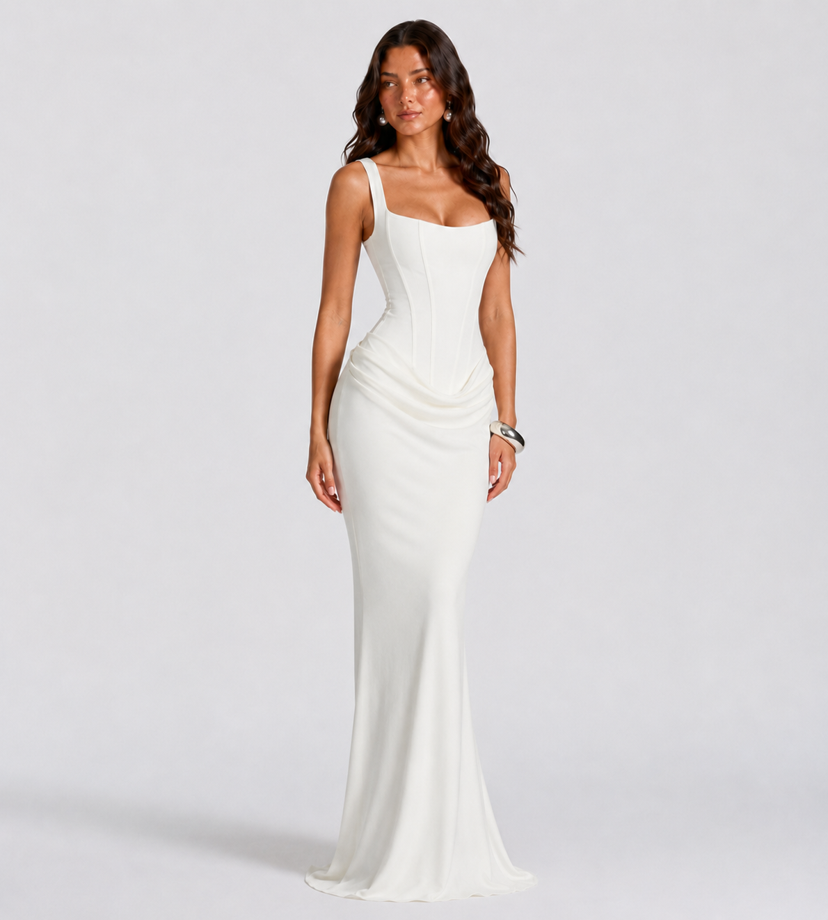 Cowl Drape Corset Maxi Dress - White