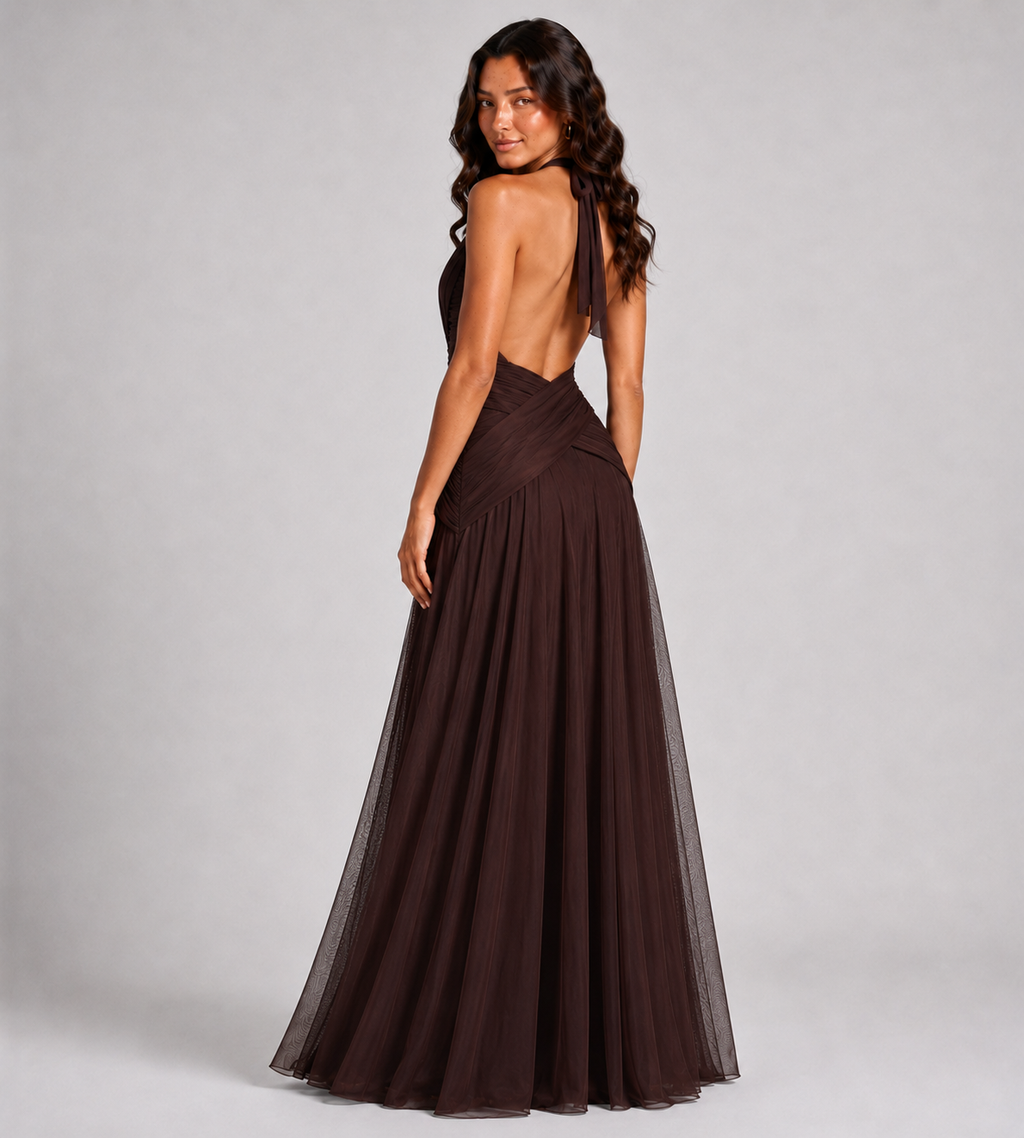Plunge Halter Draped Chiffon Maxi Dress - Brown