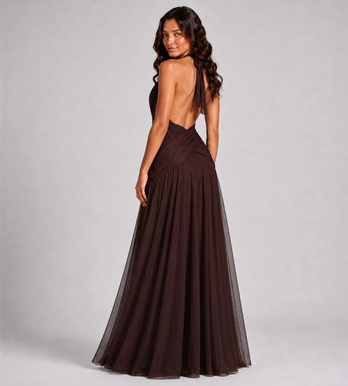 Plunge Halter Draped Chiffon Maxi Dress - Brown