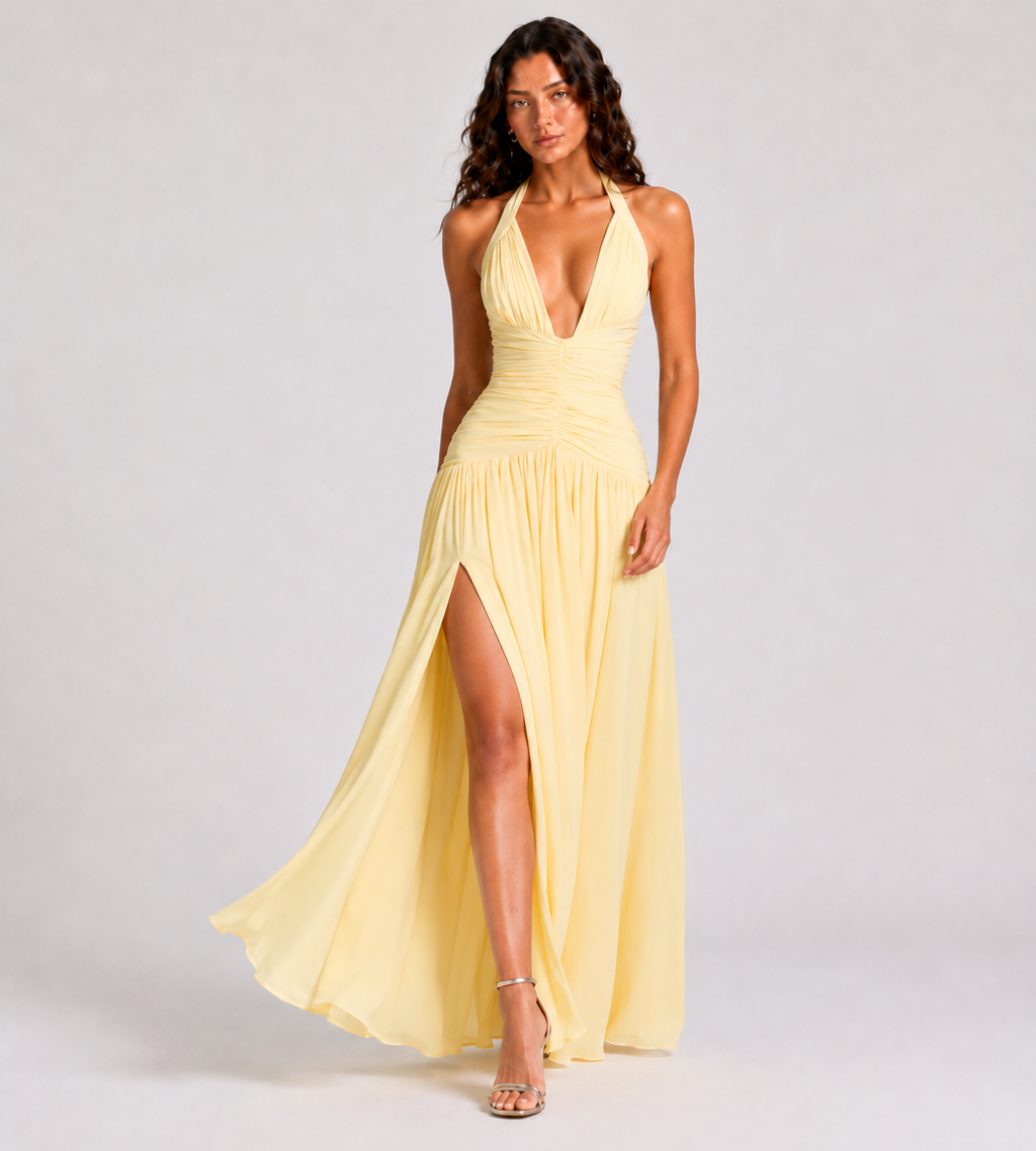 Halter Ruched Lace-Up Slit Maxi Dress - Yellow