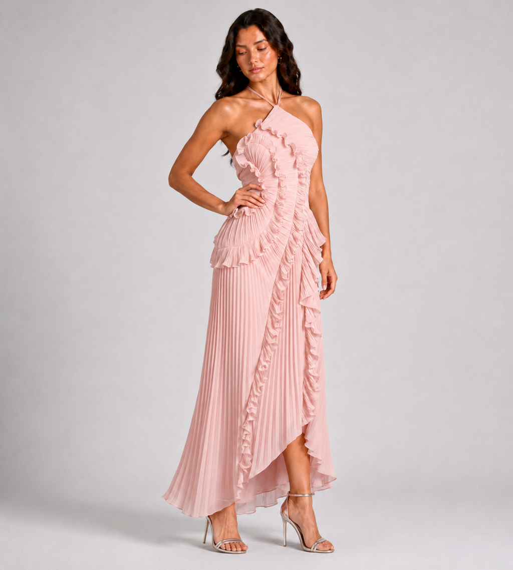 Cascading Ruffle Pleated Halter Maxi Dress - Pink