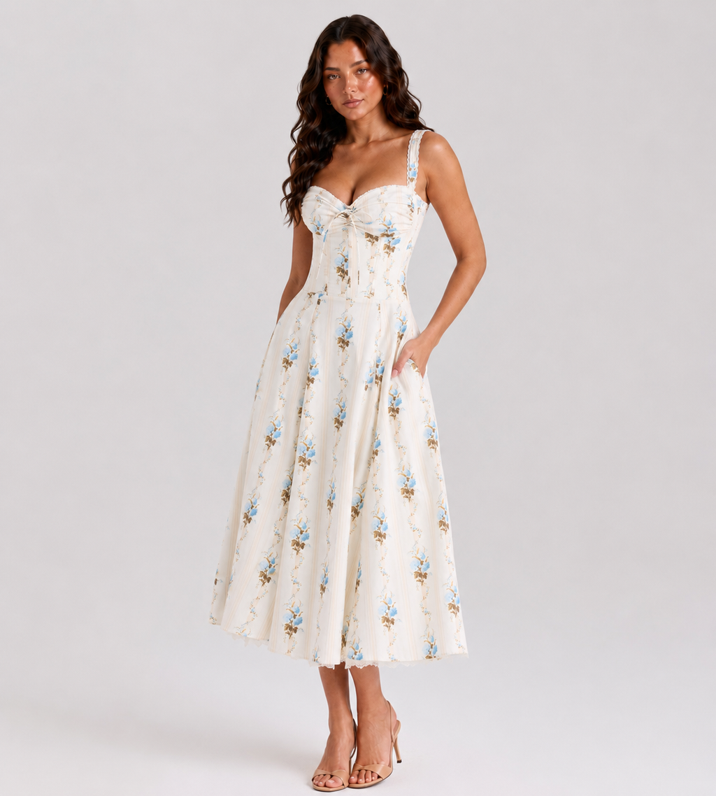 Cream Floral Print Corset Midi Dress