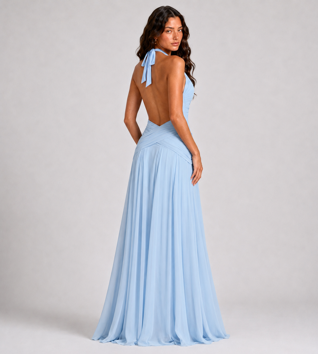Plunge Halter Draped Chiffon Maxi Dress - Blue