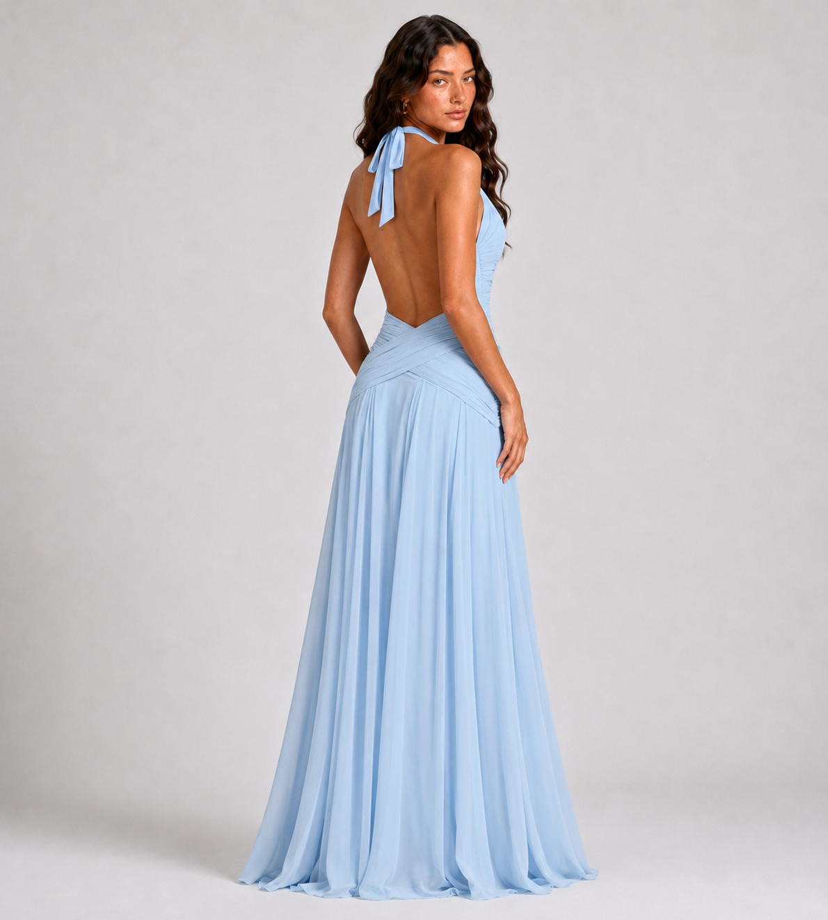 Plunge Halter Draped Chiffon Maxi Dress - Blue
