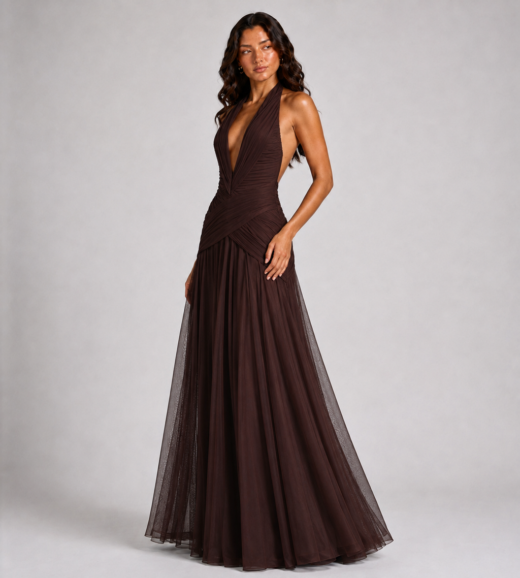 Plunge Halter Draped Chiffon Maxi Dress - Brown