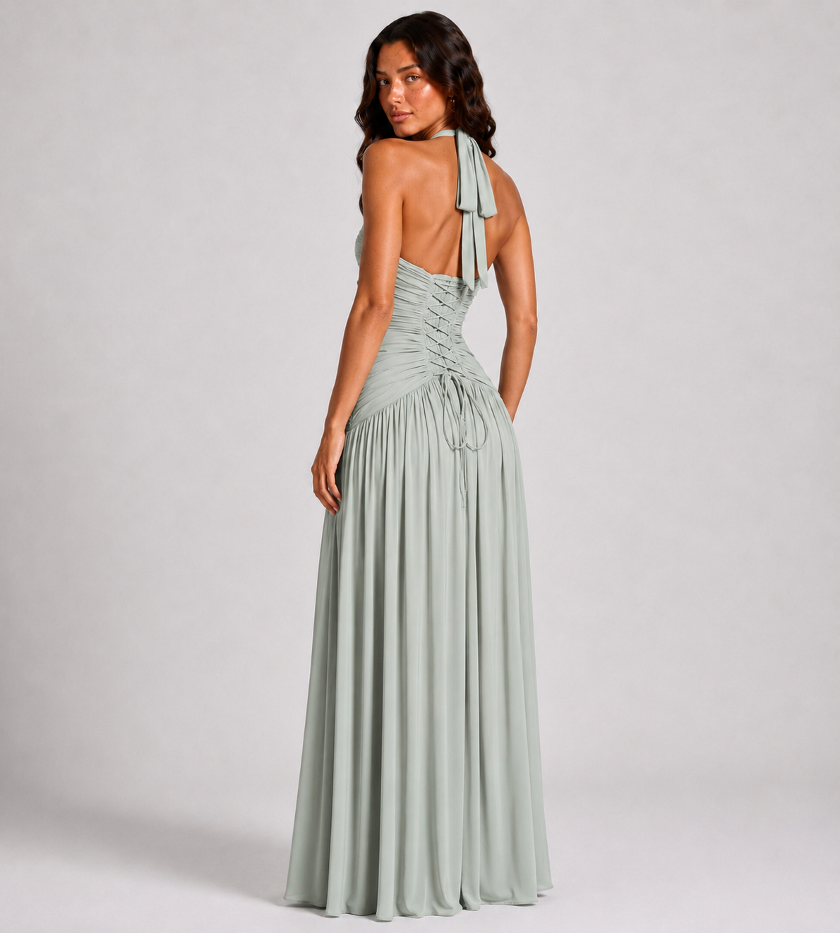Halter Ruched Lace-Up Slit Maxi Dress - Sage
