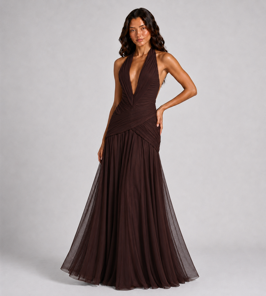 Plunge Halter Draped Chiffon Maxi Dress - Brown