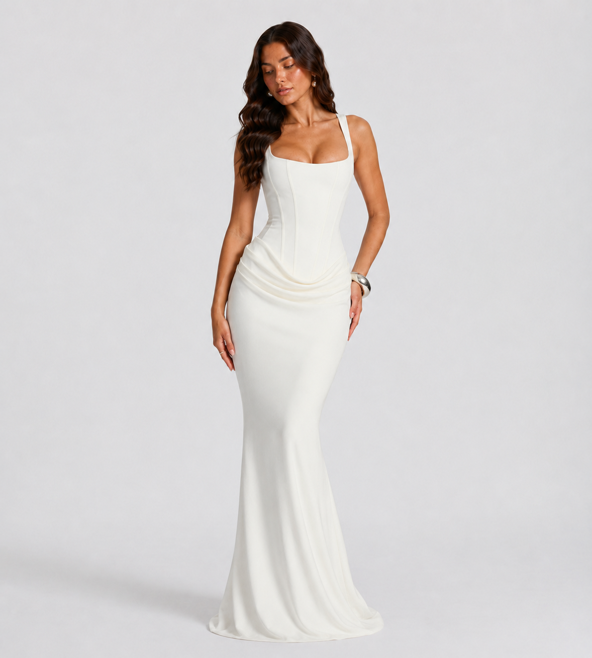 Cowl Drape Corset Maxi Dress - White