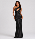 Draped One-Shoulder Cutout Satin Maxi Dress - Black