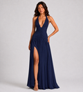 Halter Ruched Lace-Up Slit Maxi Dress - Navy