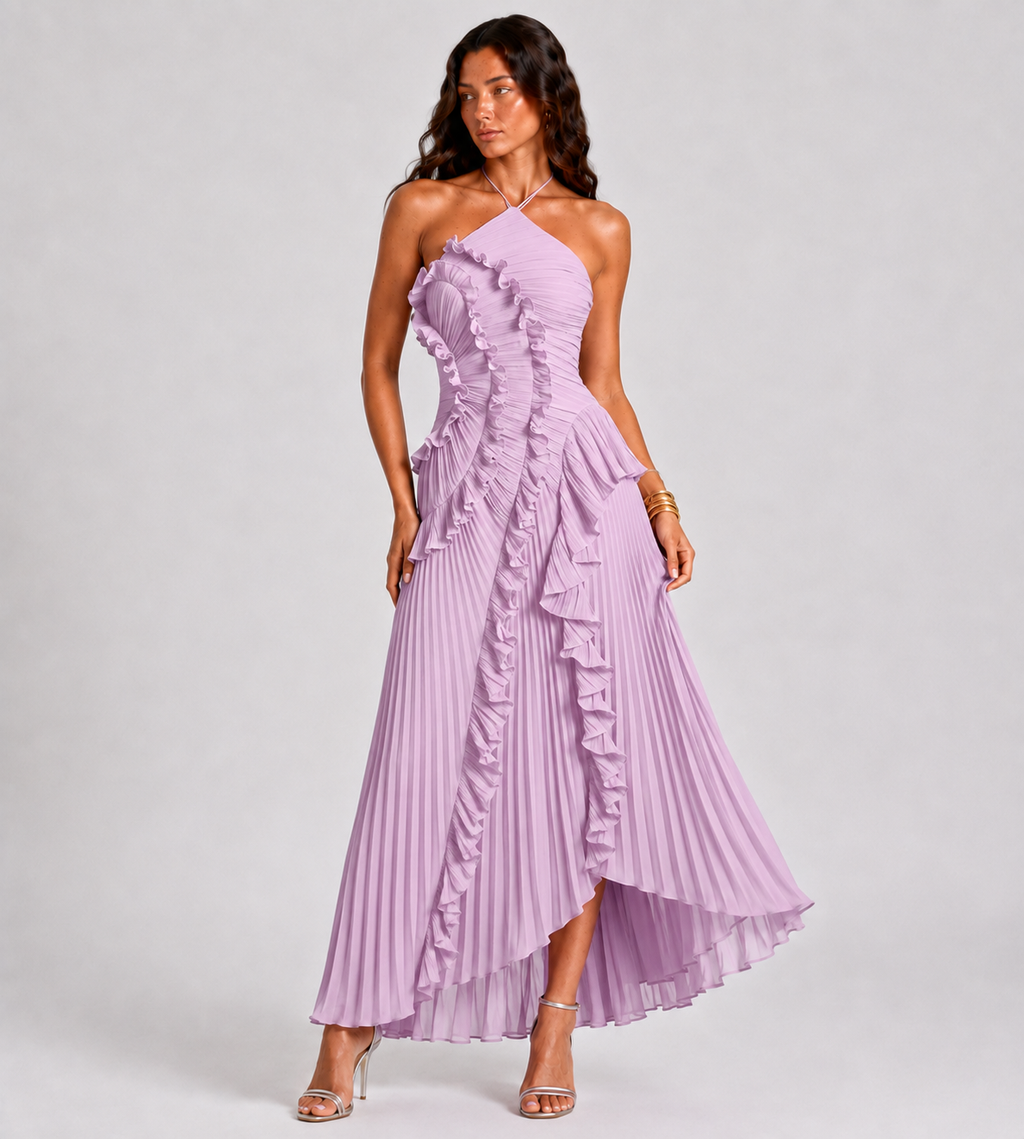 Cascading Ruffle Pleated Halter Maxi Dress - Lilac