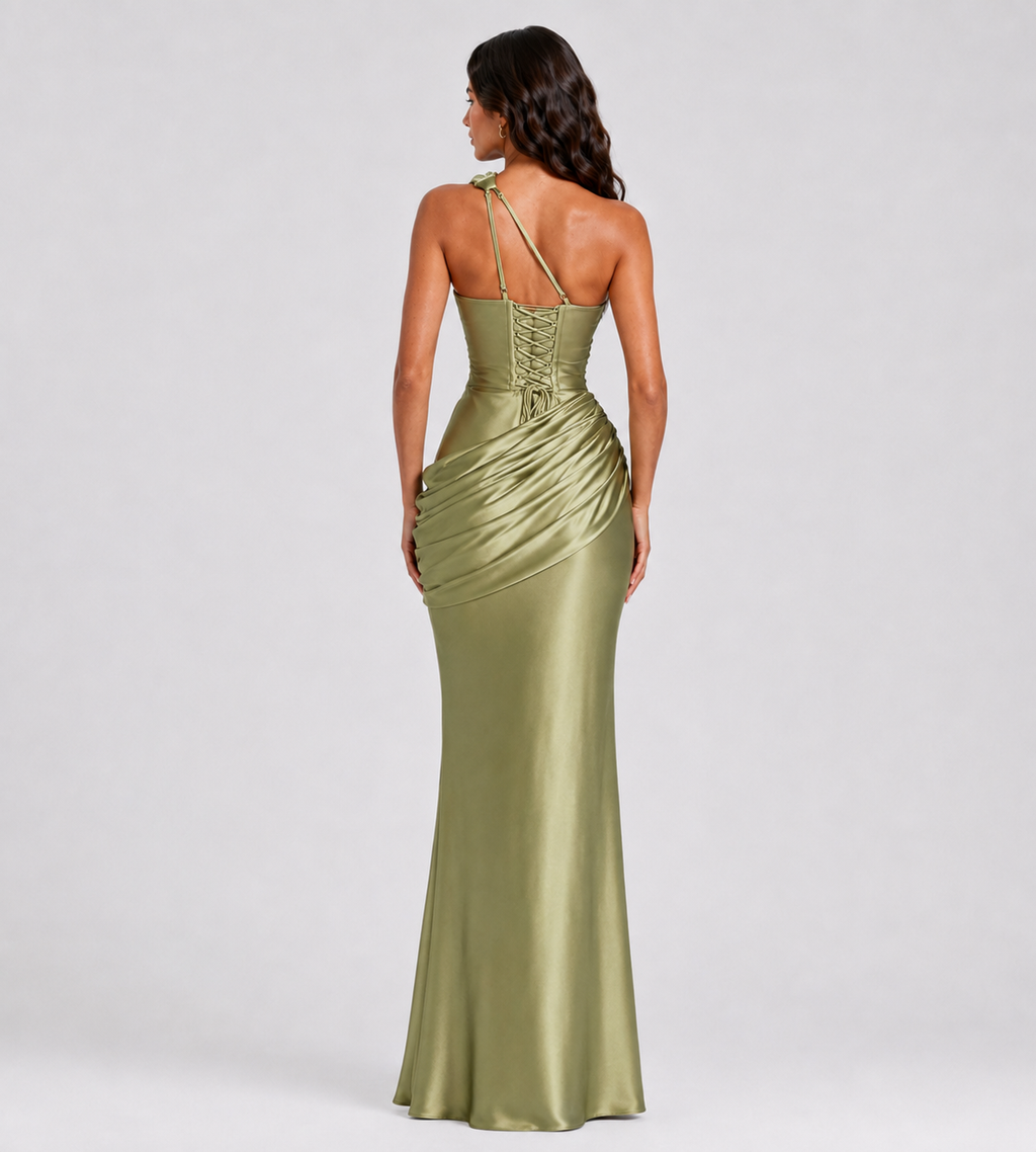 Draped One-Shoulder Cutout Satin Maxi Dress - Olive