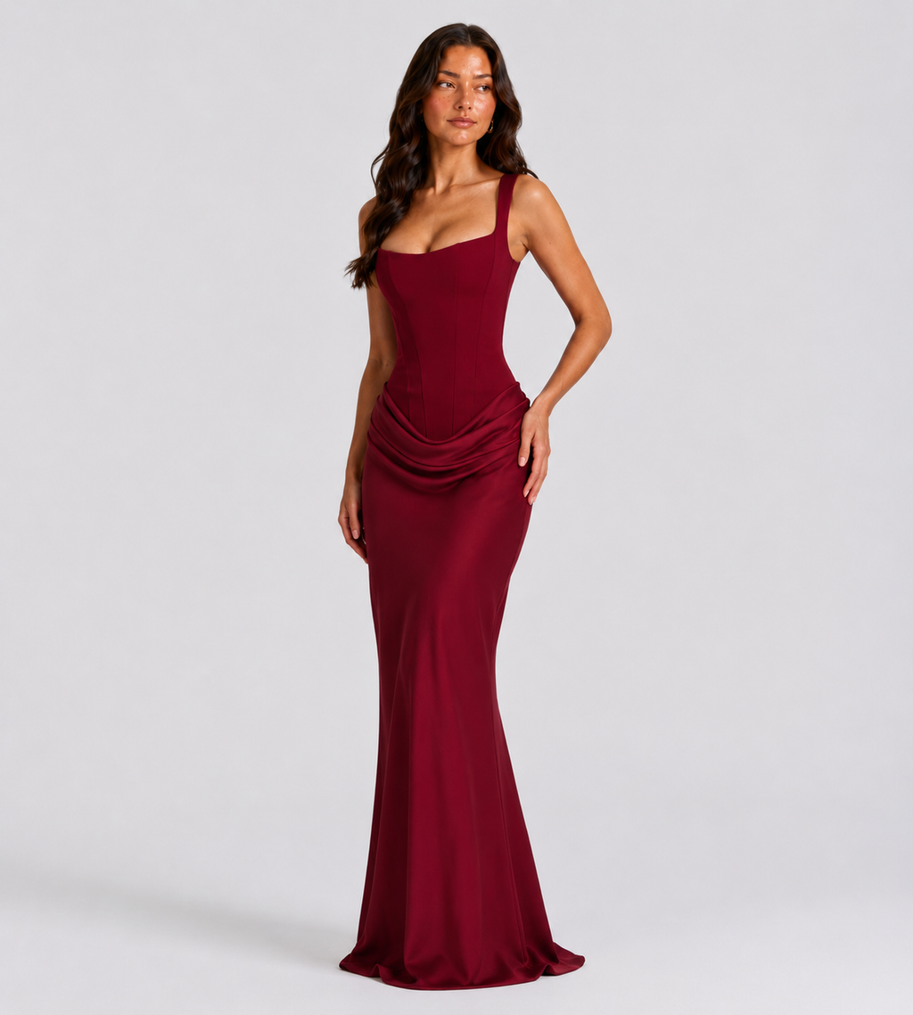 Cowl Drape Corset Maxi Dress - Red