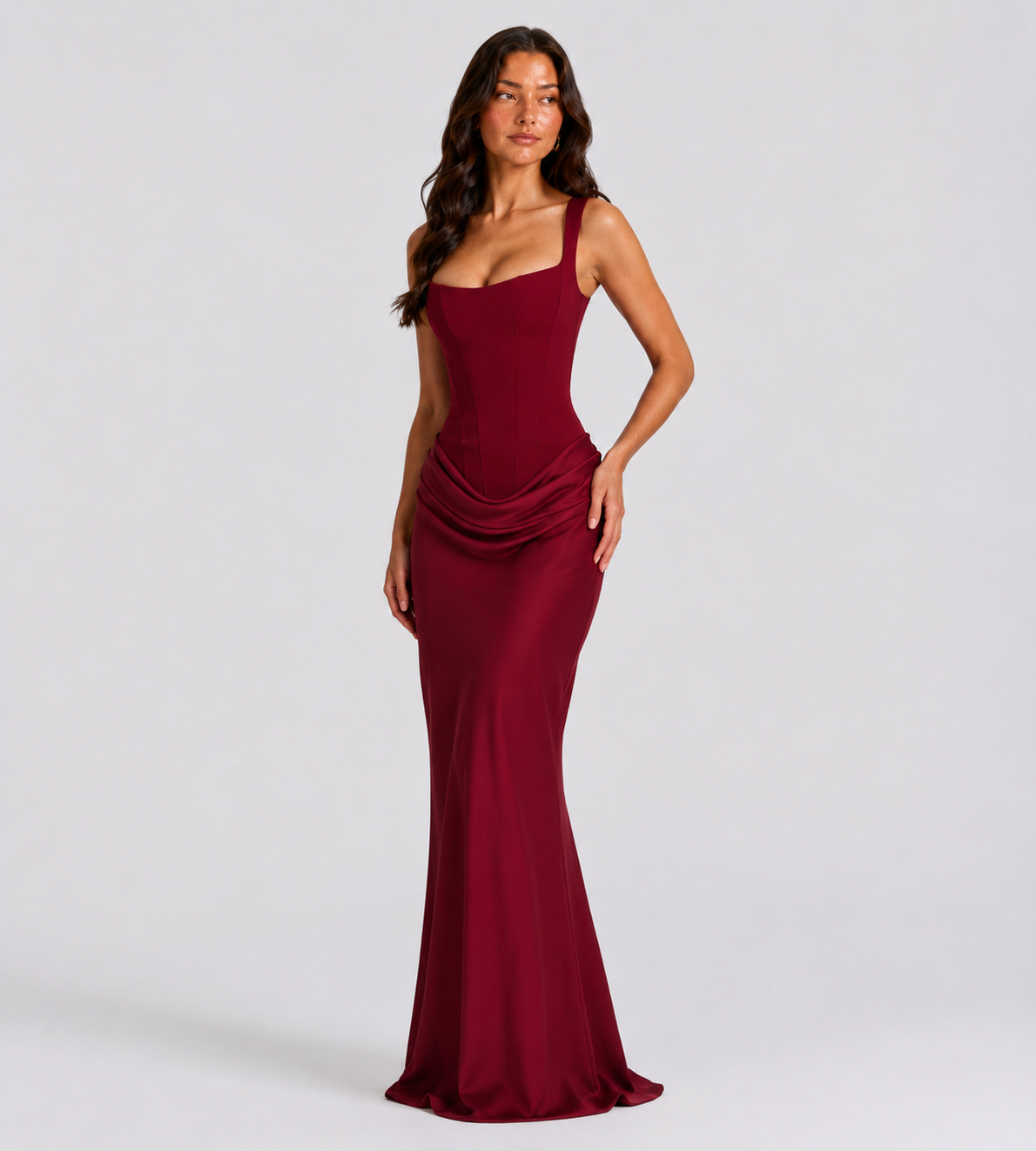 Cowl Drape Corset Maxi Dress - Red