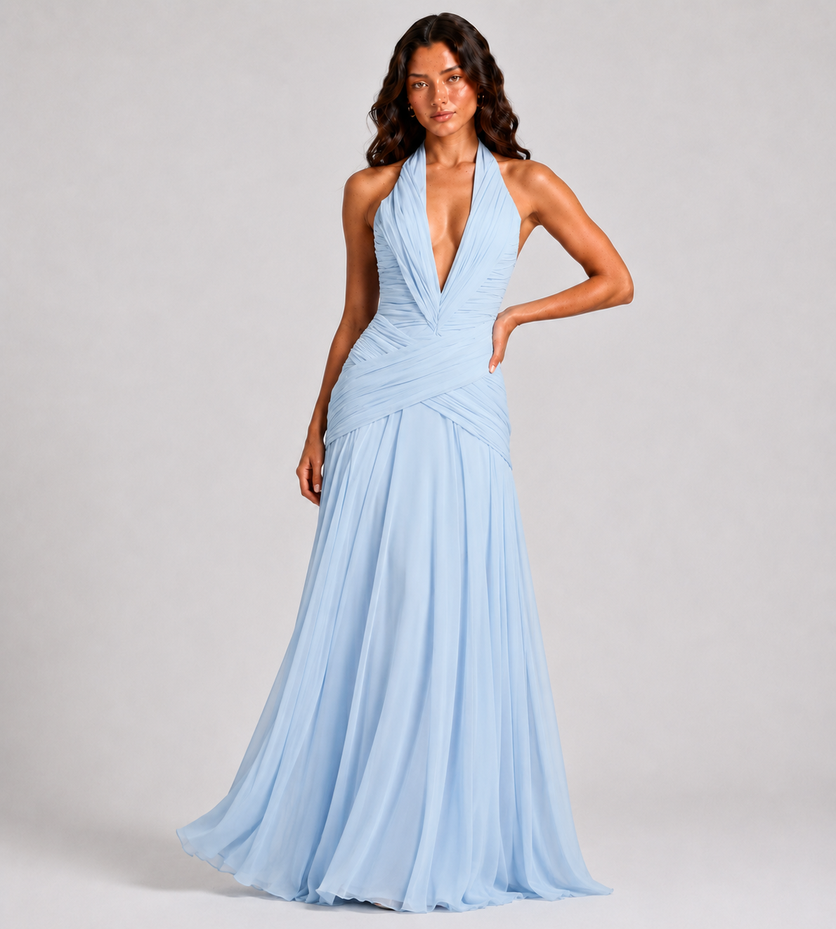 Plunge Halter Draped Chiffon Maxi Dress - Blue