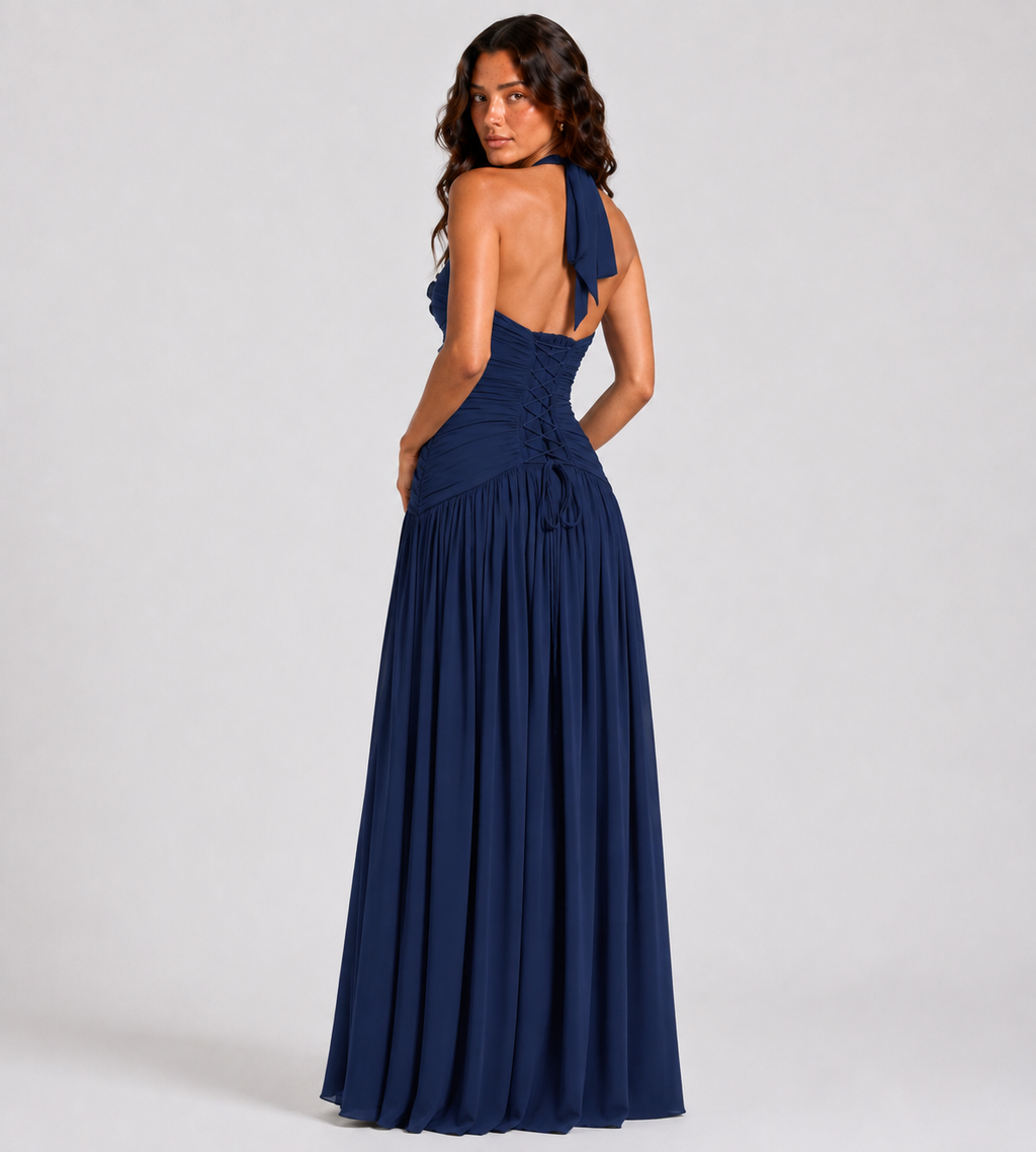Halter Ruched Lace-Up Slit Maxi Dress - Navy