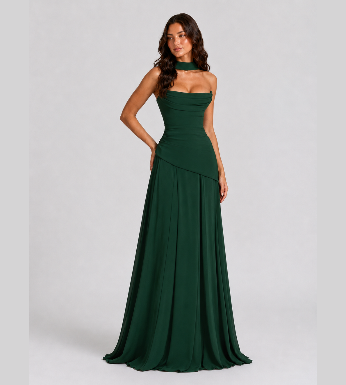 Strapless Scarf Drape Corset Maxi Dress - Forest Green