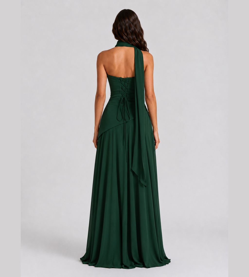 Strapless Scarf Drape Corset Maxi Dress - Forest Green
