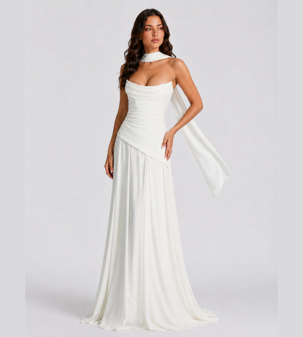 Strapless Scarf Drape Corset Maxi Dress - White