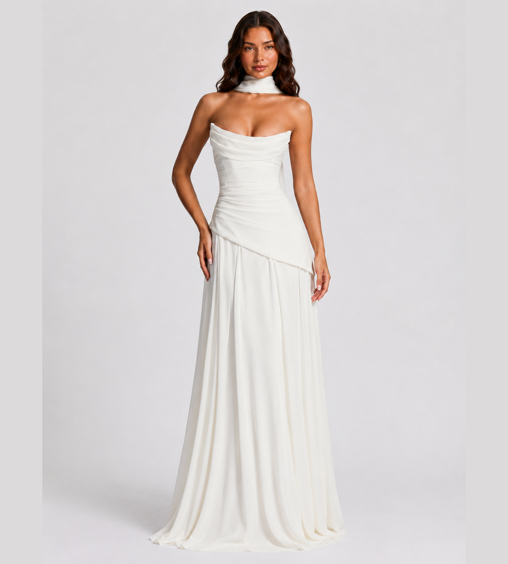 Strapless Scarf Drape Corset Maxi Dress - White