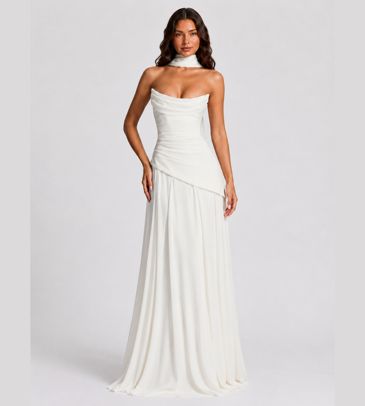 Strapless Scarf Drape Corset Maxi Dress - White